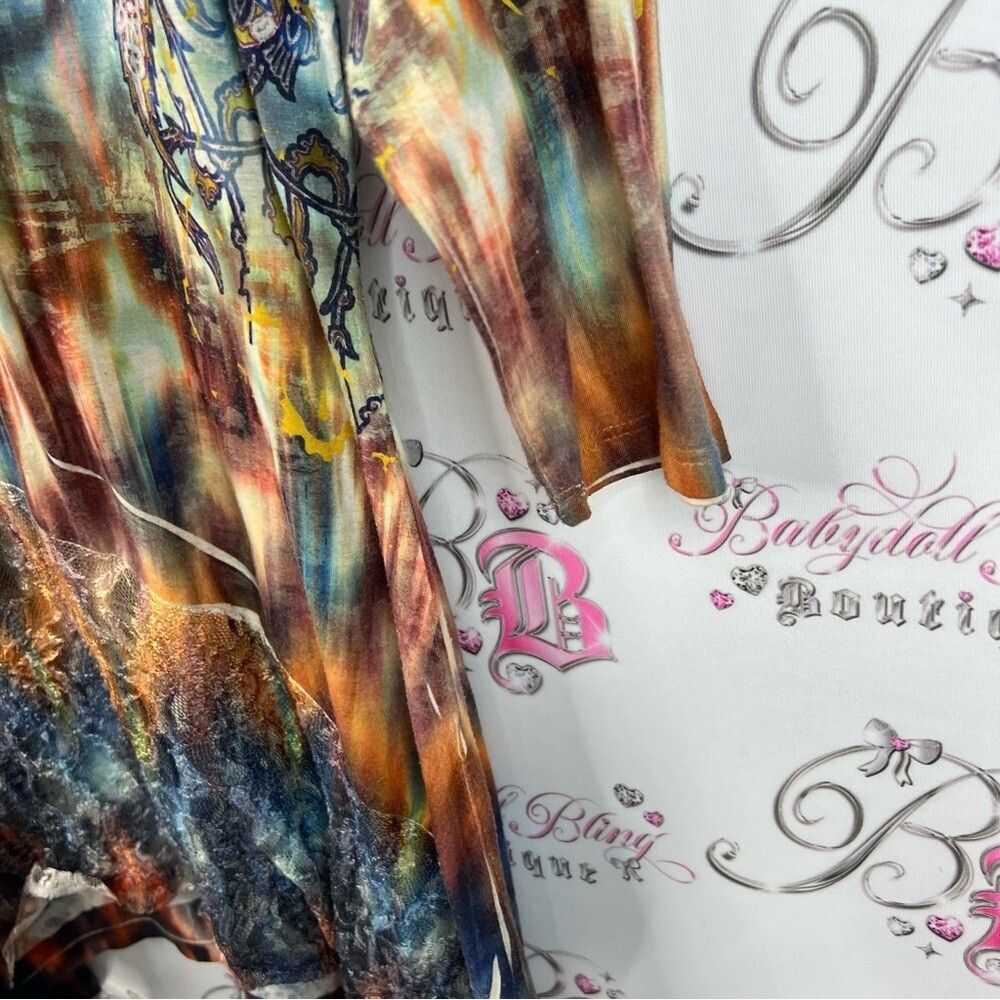 ONE WORLD dress assymetrical hem fairy rhinestone Embellishments tie dye floral - Picture 5 of 15